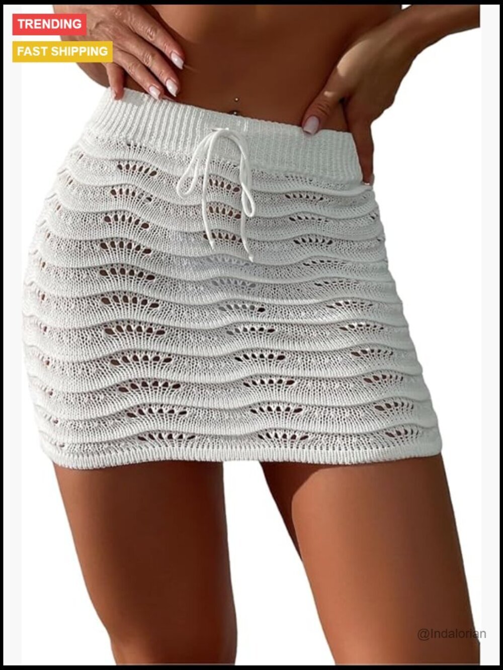 Crochet Hollow Out Tie Front Drawstring Swimsuit Cover Up Skirt Sarong